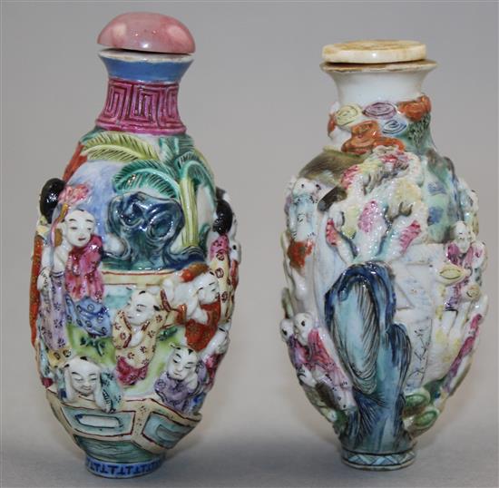 Two Chinese moulded famille rose snuff bottles, 1820-50, 7.5 and 7.8cm, Richards no.s 46 and 454